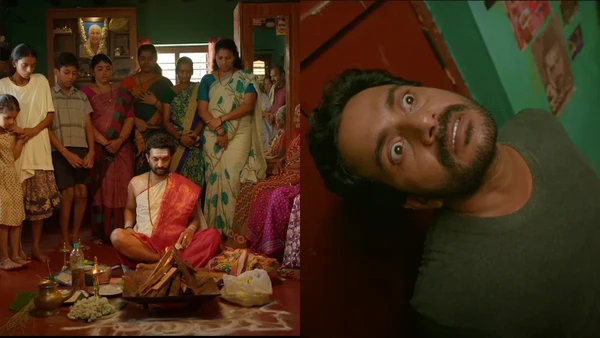 A man with a shocked expression and a group in a ritual - like gathering in "Su from So".